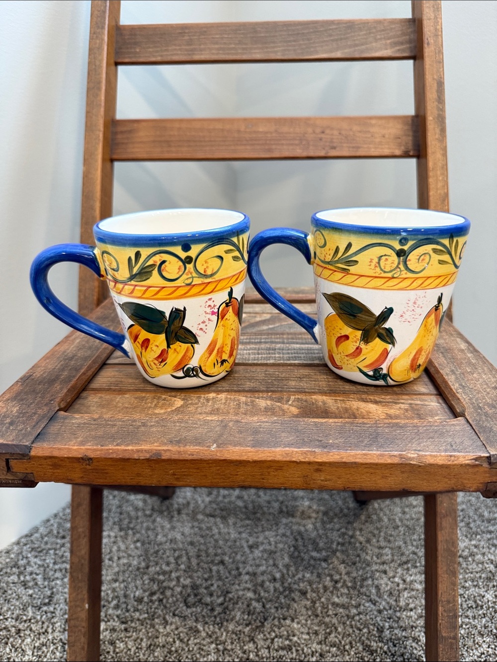 Tabletops Gallery Sangria Hand Painted Fruit Mugs Set of 2 Grapes Pears Blue